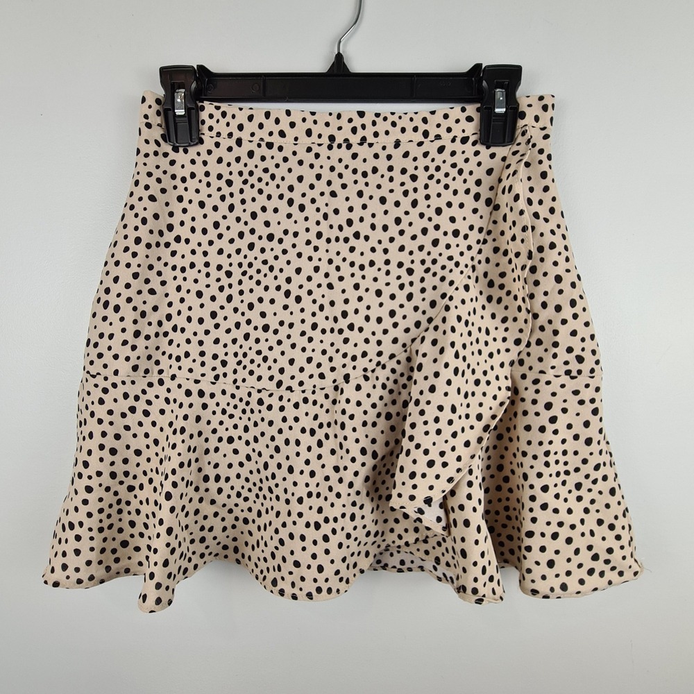 Altard State Womens Tan Black Spotted Ruffle Mini Skirt S Flirty Lined Animal